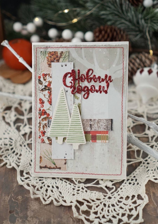 Новогодняя открытка в технике скрапбукинг